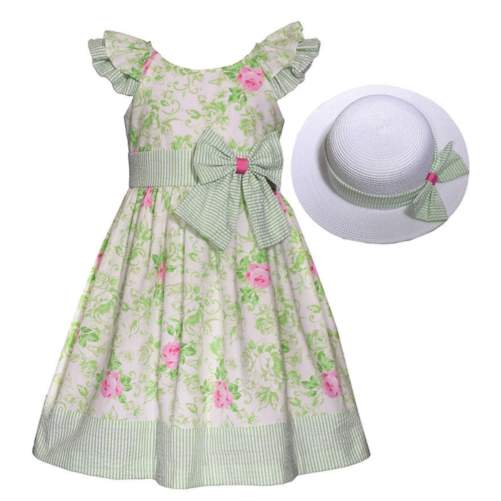 Floral Green and Pink Dress with Hat